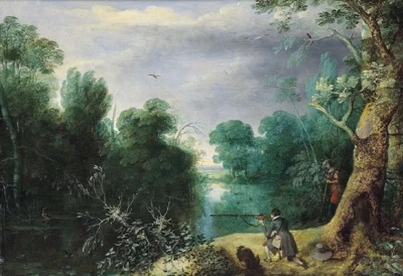 Paesaggio fluvial con cacciatore